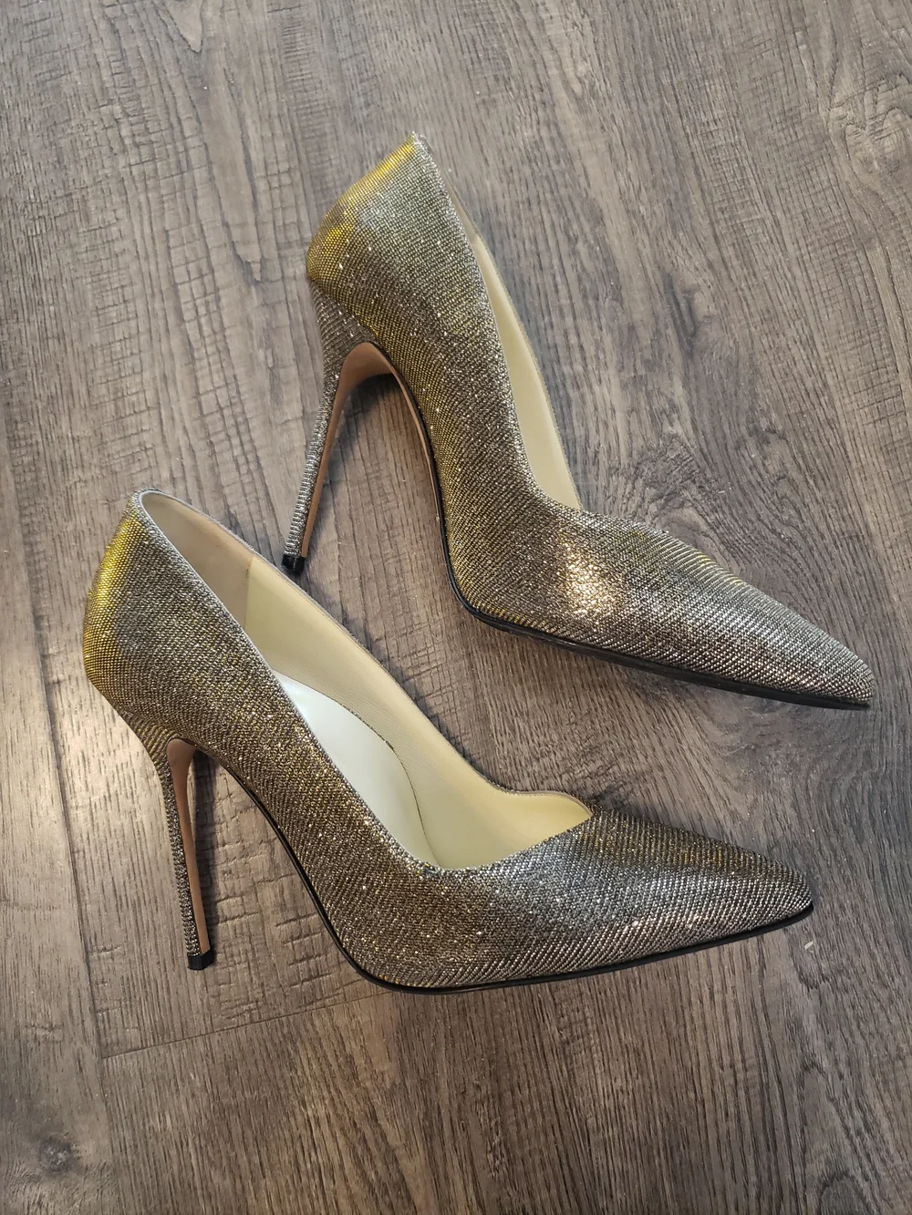 Sarah Flint Silver Glitter Pointed Toe Stilettos with Gold Edge